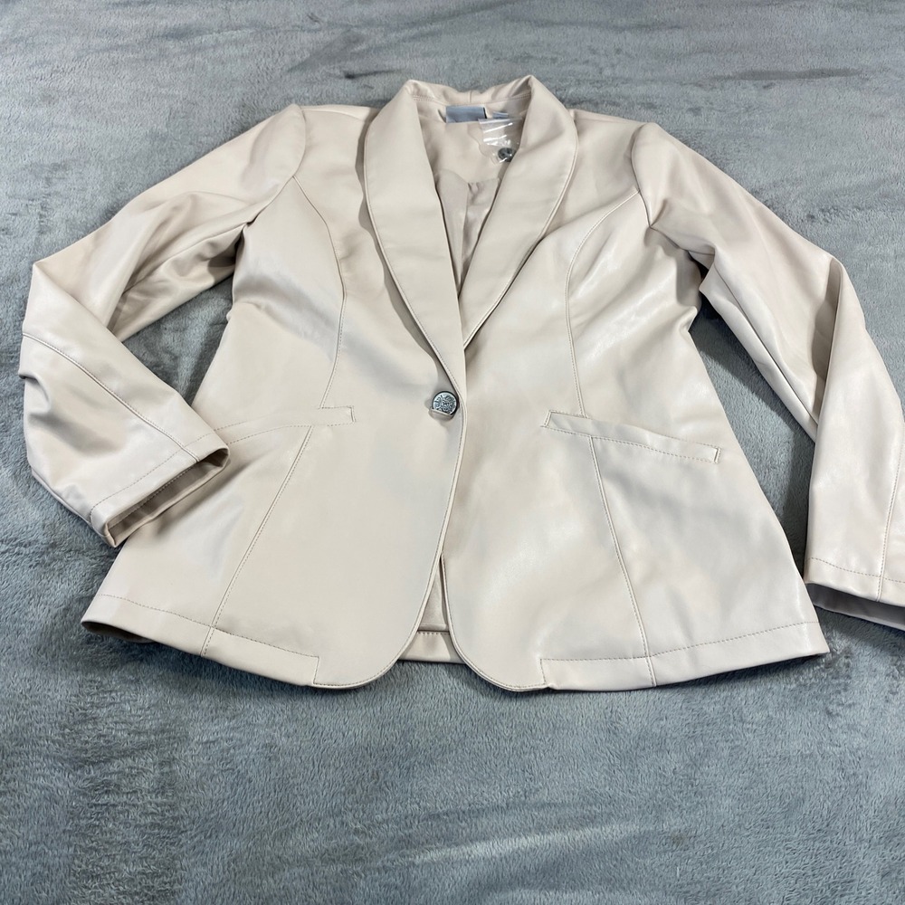 Susan Graver Blazer Womens 10 Cream Faux Leather Shawl Lapel Crest Button Jacket